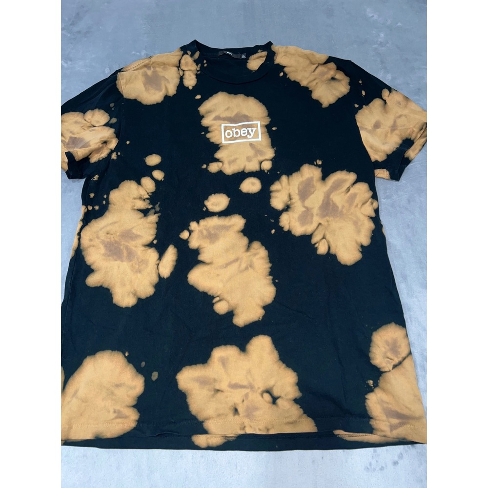 Obey Mens Bleach Wash Tie Dye Box Logo Graphic T-Shirt Black Tan Large